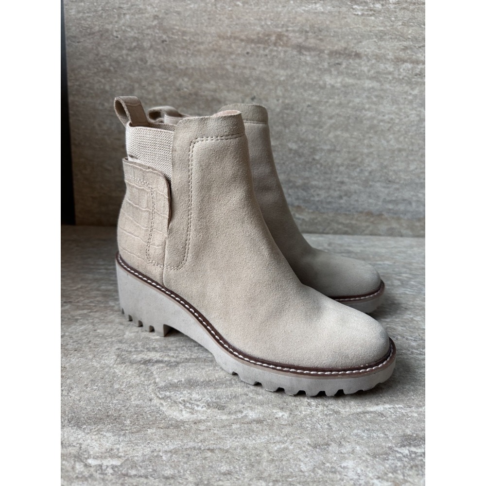 Dolce Vita Ivory Leather Pull On Chunky Block Heel Ankle Booties Sz 7.5